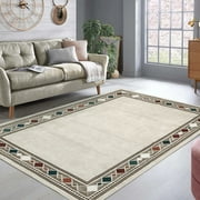 Hasoo 5' x 7' Washable Area Rug Modern Geometric Bordered Indoor Carpet for Living Room Bedroom, Beige